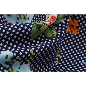 Deep Blue Grid Women's Retro Round Neckline Sleeveless Floral Printed Swing Summer Day Dress N18595