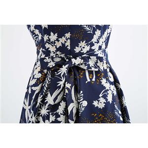 Deep Blue Women's Retro Round Neckline Sleeveless White Floral Printed Swing Summer Day Dress N18593