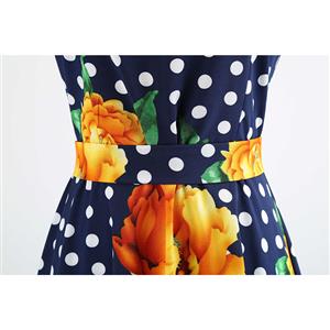 Deep Blue Dot Women's Retro Round Neck Sleeveless Flowers Printed Swing Summer Day Dress N18591