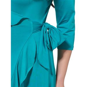Sexy Solid Color Deep V Neck 3/4 length Sleeve Falbala Plus Size Maxi Dress N14547
