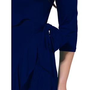Sexy Solid Color Deep V Neck 3/4 length Sleeve Falbala Plus Size Maxi Dress N14549