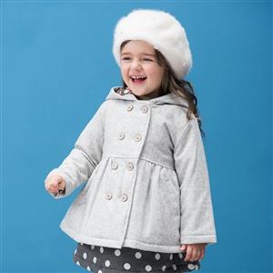 Double-Breasted Hooded Woolen Coat, Girls Woolen Coats, Winter Clothing for Girls, #N12323