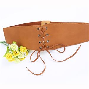 Fashion Brown Leather Front Lace-up Elastic Wide Girdle Waist Belt N15192
