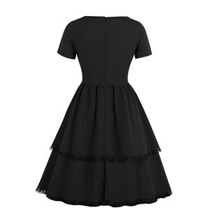 Elegant Black Short Sleeves Lace-up Multilayer Round-neck High Waist Midi Dress N18339