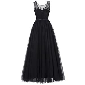 Women's Elegant Black Round Neck Sleeveless Tulle Appliques Evening Party Dress N15836