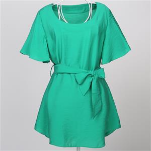 Cotton Dress, Sexy Blouse, Sexy Tonic, Women's Top, Green Short Sleeve Belted Tunic, #N11853