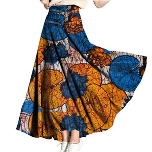 Women's Elegant Lotus Print Maxi Cotton Skirt with Belt N15273