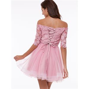 Women's Elegant Pink Off Shoulder Half Sleeve Tulle Appliques Short Evening Party Dress N14659