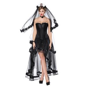 Victorian Gothic Black Satin Overbust Corset with High Low Skirt Set N18207