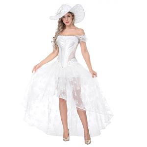 Elegant White Off Shoulder Crop Top with Overbust Corset High Low Skirt Sets N18209