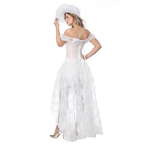 Elegant White Off Shoulder Crop Top with Overbust Corset High Low Skirt Sets N18209