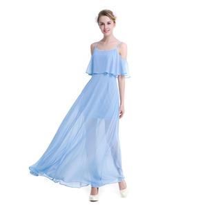 Elegant Light Blue Chiffon Ruffle Off-shoulder Sheer Mesh High Waist Ankle Length Dress N18760