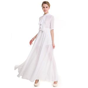 Elegant White Chiffon Ruffle Turtleneck Half Sleeve Sheer Mesh High Waist Ankle Length Dress N18761