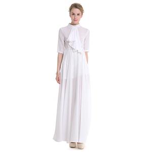 Elegant White Chiffon Ruffle Turtleneck Half Sleeve Sheer Mesh High Waist Ankle Length Dress N18761
