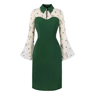 Elegant Green Mesh Embroidered Turndown Neck Flare Sleeve High Waist Midi Hip Dress N23157