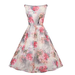 1950's Vintage Retro Elegant Slash Neck Chiffon Floral Print Flared Swing Dress N11587