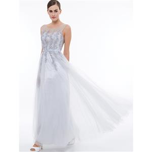 Women's Elegant White Round Neck Sleeveless Tulle Appliques Evening Party Dress N14658