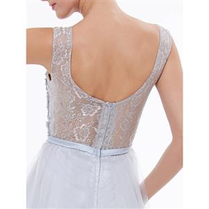 Women's Elegant White Round Neck Sleeveless Tulle Appliques Evening Party Dress N14658