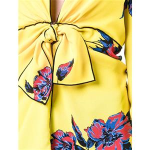 Women's Elegant Yellow Floral Print Long Sleeve Deep V Neck Blouse N15979