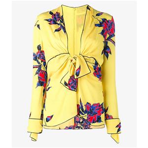 Fashion Yellow Print Blouse for Women, Floral Print Long Sleeve Blouse, Yellow Deep V Neck Pullover Blouse, Women's Casual Holiday Blouse, Elegant Yellow Print Bowknot Trim Blouse, #N15979