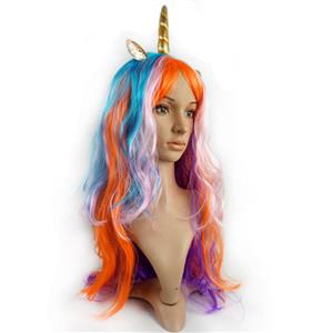Fancy Unicorn Golden Horn Colorful Wavy Long Hair Halloween Cosplay Party Wig MS19640