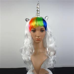 Fancy Unicorn Horn Silver Wavy Long Hair Halloween Cosplay Party Wig MS19639