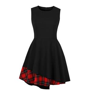 Fashion Black and Red Plaid Irregular Hemline Round Neck Sleeveless High Waist Swing Dress N18587