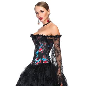 Women's Fashion Boned Black Floral Print Overbust Corset with Long Floral Lace Sleeve N18638