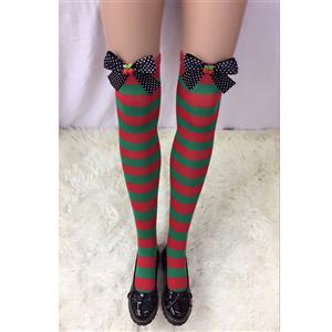 Cute Christmas Stockings, Sexy Thigh Highs Stockings, Red and Green Stripes Cosplay Stockings, Anime Thigh High Stockings, Christmas Red and Green Stripes Stockings, Stretchy Nightclub Knee Stockings, #HG18529