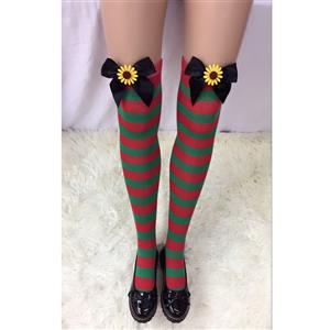 Christmas Red and Green Stripes Stockings with Bowknot and Sun Flower Maid Cosplay Stockings HG18551
