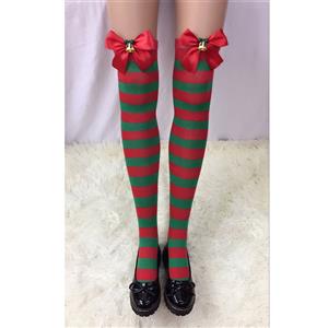 Christmas Red and Green Stripes Stockings with Bowknot and Bell Maid Cosplay Stockings HG18553