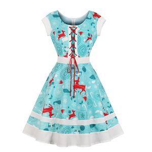 Vintage Dress for Women Blue, Christmas Dresses for Women Cocktail Party, Casual Swing Dress, Short Sleeves High Waist Swing Dress, Christmas Reindeer Print Dress, Christmas Party Dress, #N18378
