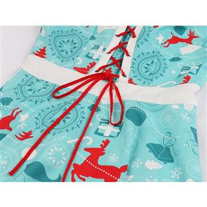 Fashion Round Neck Christmas Reindeer Print Lacing-up Short Sleeves High Waist Swing Dress N18378