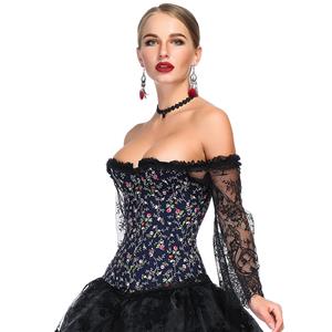 Women's Fashion Boned Dark Blue Floral Print Overbust Corset with Long Floral Lace Sleeve N18639