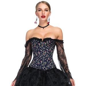 Women's Fashion Boned Dark Blue Floral Print Overbust Corset with Long Floral Lace Sleeve N18639
