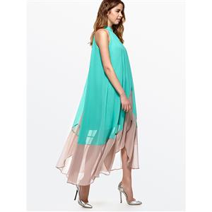 Women's Fashion High Neck Sleeveless Patchwork Irregular Chiffion Maxi Dress N15052