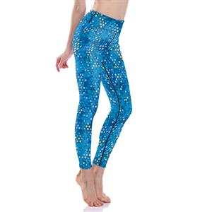 Women's Fashion Blue High Waist Round Dot Print Elastic Yoga Pants Sports Leggings L16181