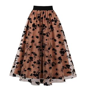 Fashion Khaki Victorian Gothic Mesh Double Layered Elastic Band High Waist Skirt N23037