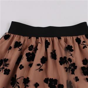 Fashion Khaki Victorian Gothic Mesh Double Layered Elastic Band High Waist Skirt N23037