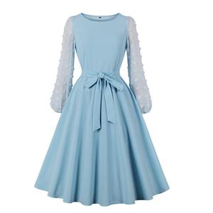 Fashion Round Neck Solid Color Long Puff Sleeve High Waist Cocktail Party A-line Dress N21583