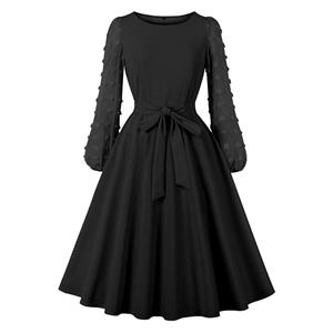 Fashion Round Neck Solid Color Long Puff Sleeve High Waist Cocktail Party A-line Dress N21617