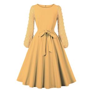 Fashion Round Neck Solid Color Long Puff Sleeve High Waist Cocktail Party A-line Dress N21619