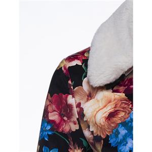 Women's Fashion Long Sleeve Faux Fur Lapel Floral Print Short Jacket N15336