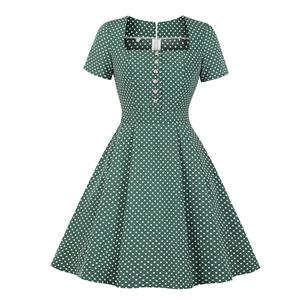 Vintage Polka Dots Square Neckline Short Sleeve High Waist Knee-length Dress N19065