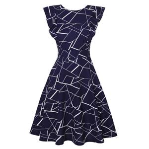 Fashion Blue and White Geometric Round Neck Flying Sleeves High Waist Daily Midi Dress N21370
