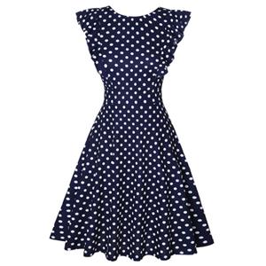 Vintage Blue and White Polka Dots Round Neck Flying Sleeves High Waist Daily Midi Dress N21373