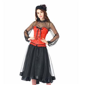 Fashion Red Brocade Ruffles Corset Black Polka Dots Blouse High-waisted Skirt Set N20242