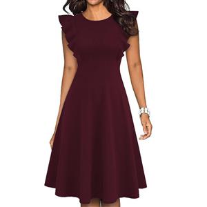 Vintage Wine-red Round Neck Flying Sleeves High Waist Cocktail Party Solid Color Midi Dress N21375