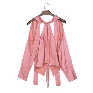 Fashion Sexy Pink Stand Collar Hollow Long Sleeve Plain Blouse Top N14258