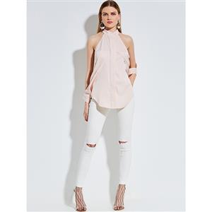 Fashion Sexy Pink Stand Collar Plain Blouse Top N14254